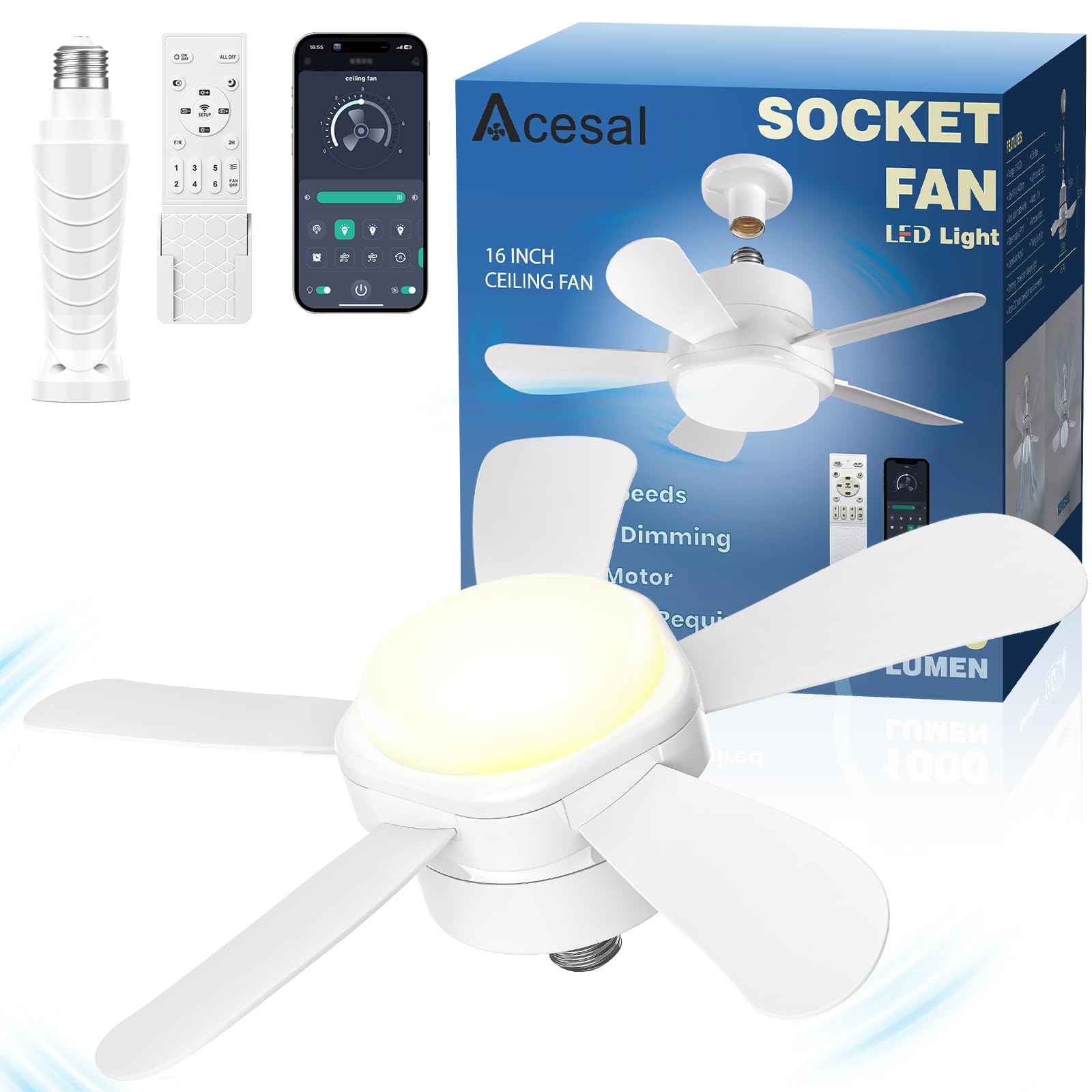16-Inch Socket Ceiling Fan Light with Remote & App Control - Dimmable, 6 Speed for Bedroom, Living Room, Kitchen, Garage, Home Office