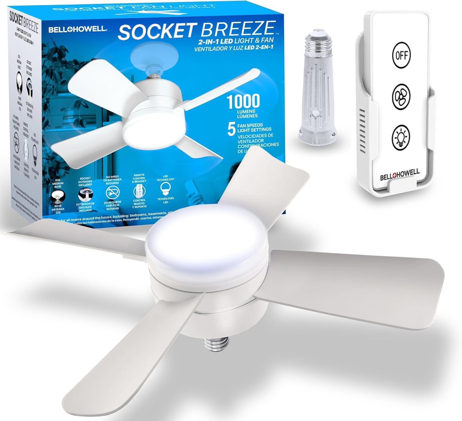 Bell+Howell Socket Breeze Light 5-Speed LED Ceiling Fan – For Bedroom, Kitchen, Living Room
