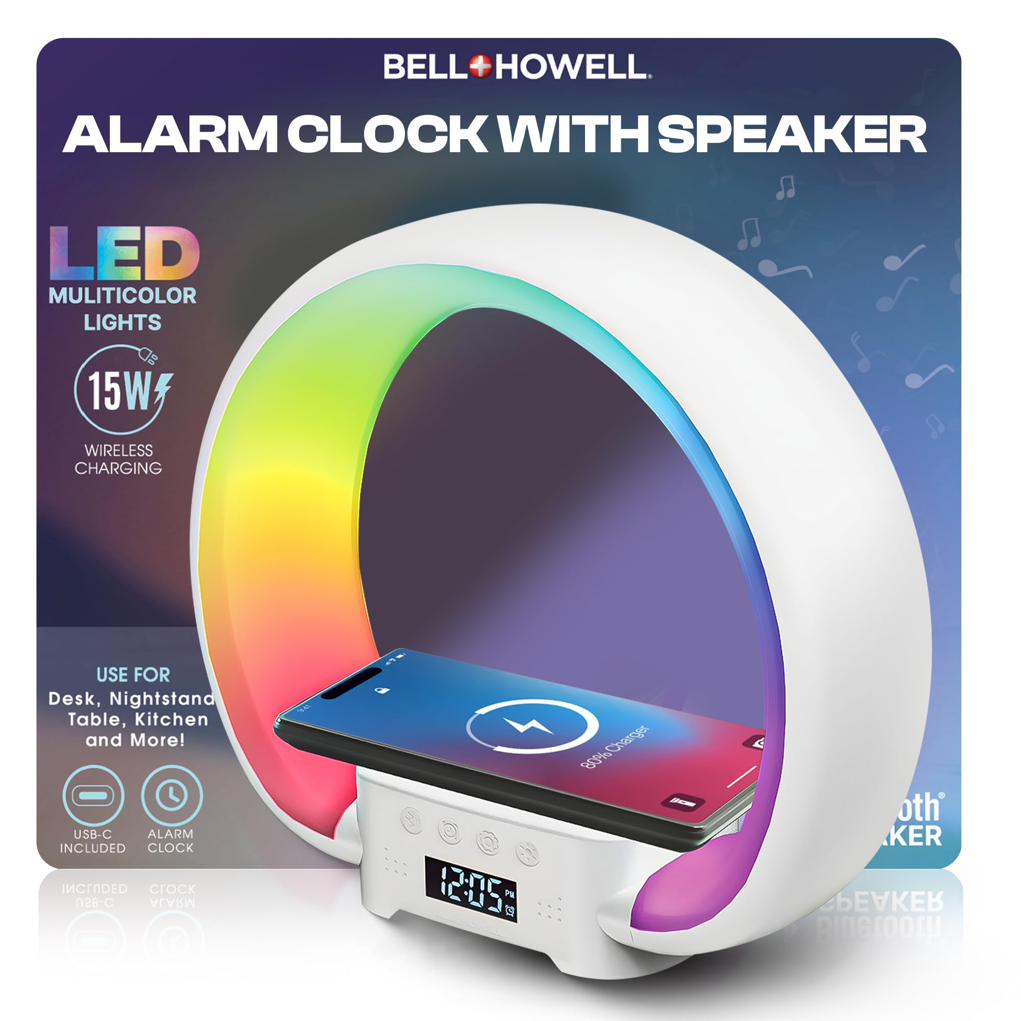 Bell+Howell Color Changing Alarm Clock, Bluetooth Speaker & Wireless Charging