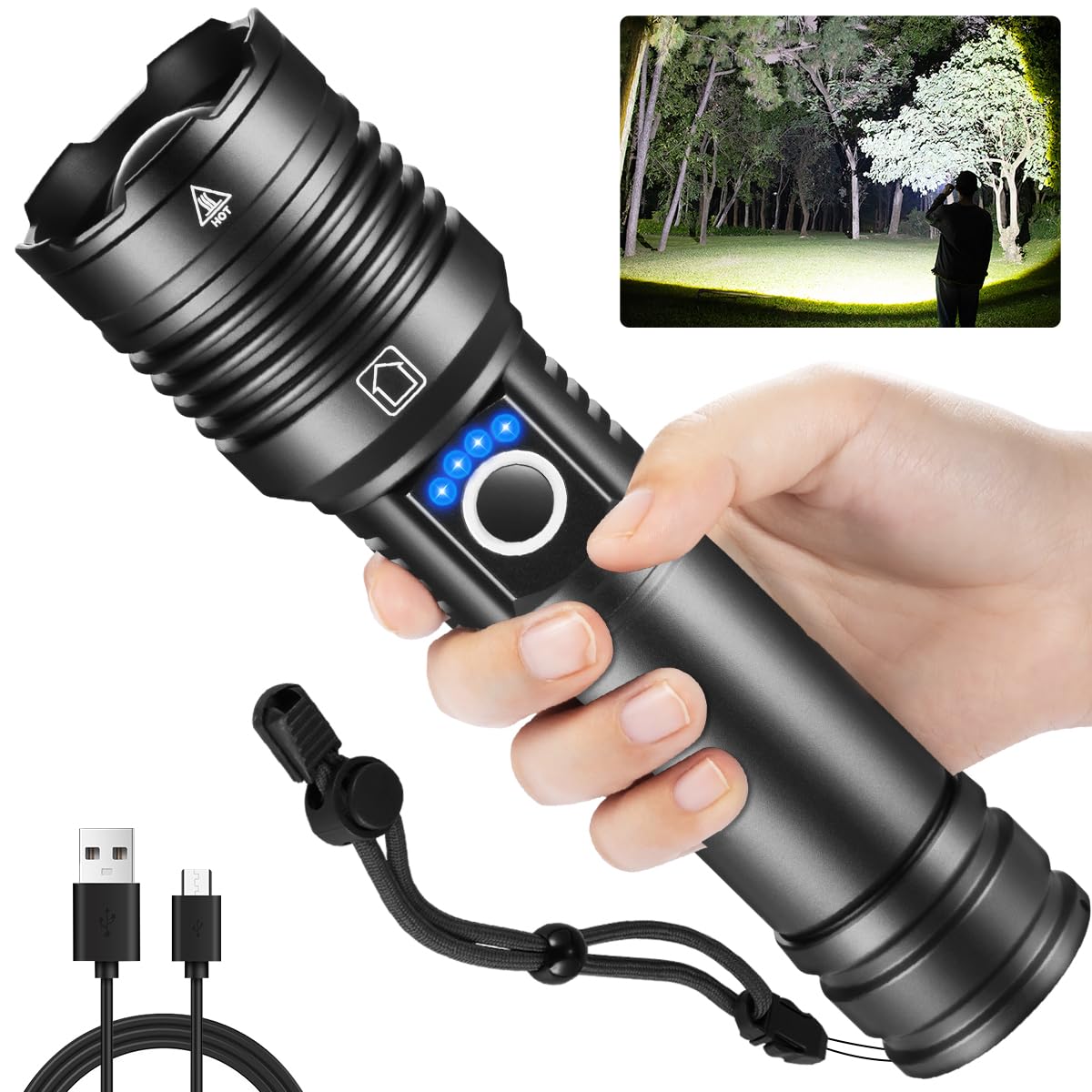 990000lm Super Bright Rechargeable Flashlight with 5 Modes for Camping Hiking Emergencies