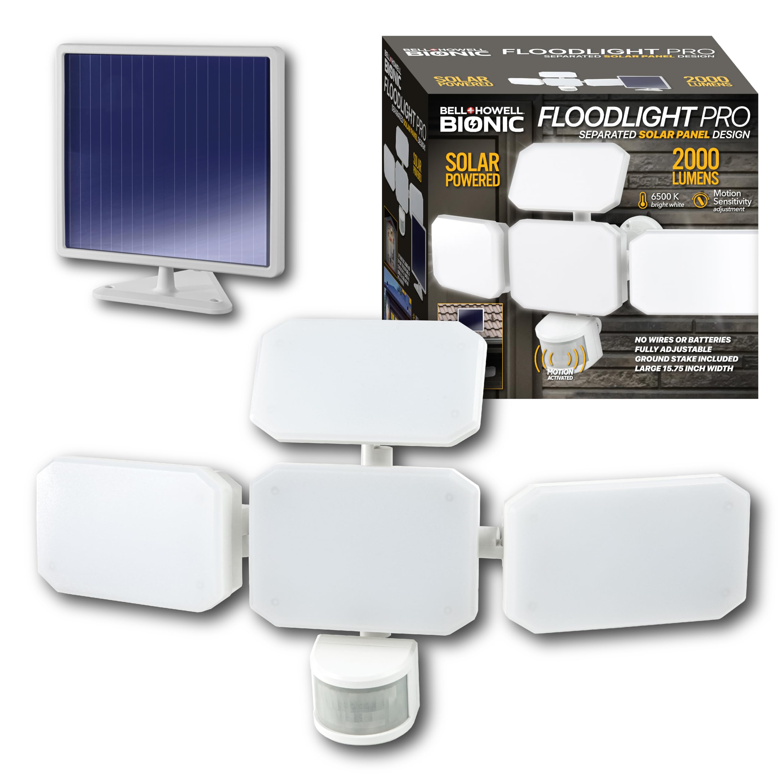 Bell+Howell Bionic Floodlight Pro: Outdoor Motion Sensor Solar LED Lights with Adjustable Panels