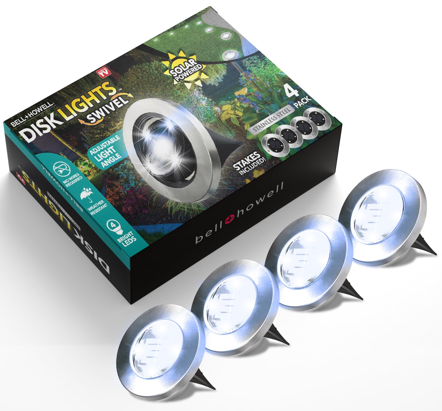 Solar Powered Swivel Disk Lights Set of 4 for Outdoor Yard, Garden, and Lawn – Wireless with Stakes - As Seen On TV
