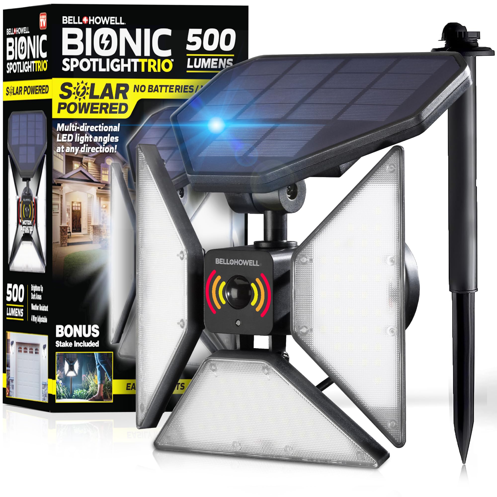 Bell+Howell Bionic Spotlight Solar Motion Sensor Outdoor Lights, 500 Lumens