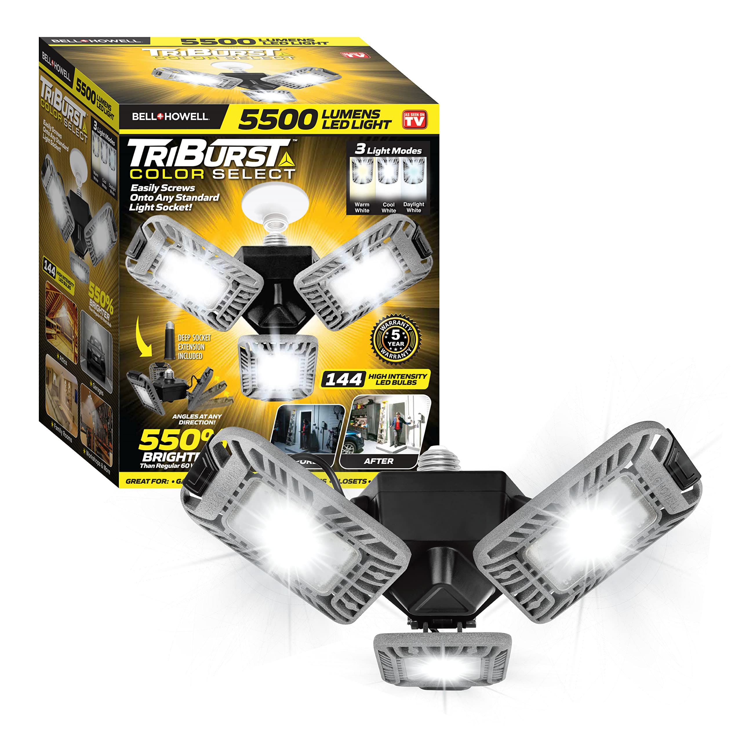 Triburst Color Select LED Garage Light - Bright Lights for Garage with 3 Mobile Panels