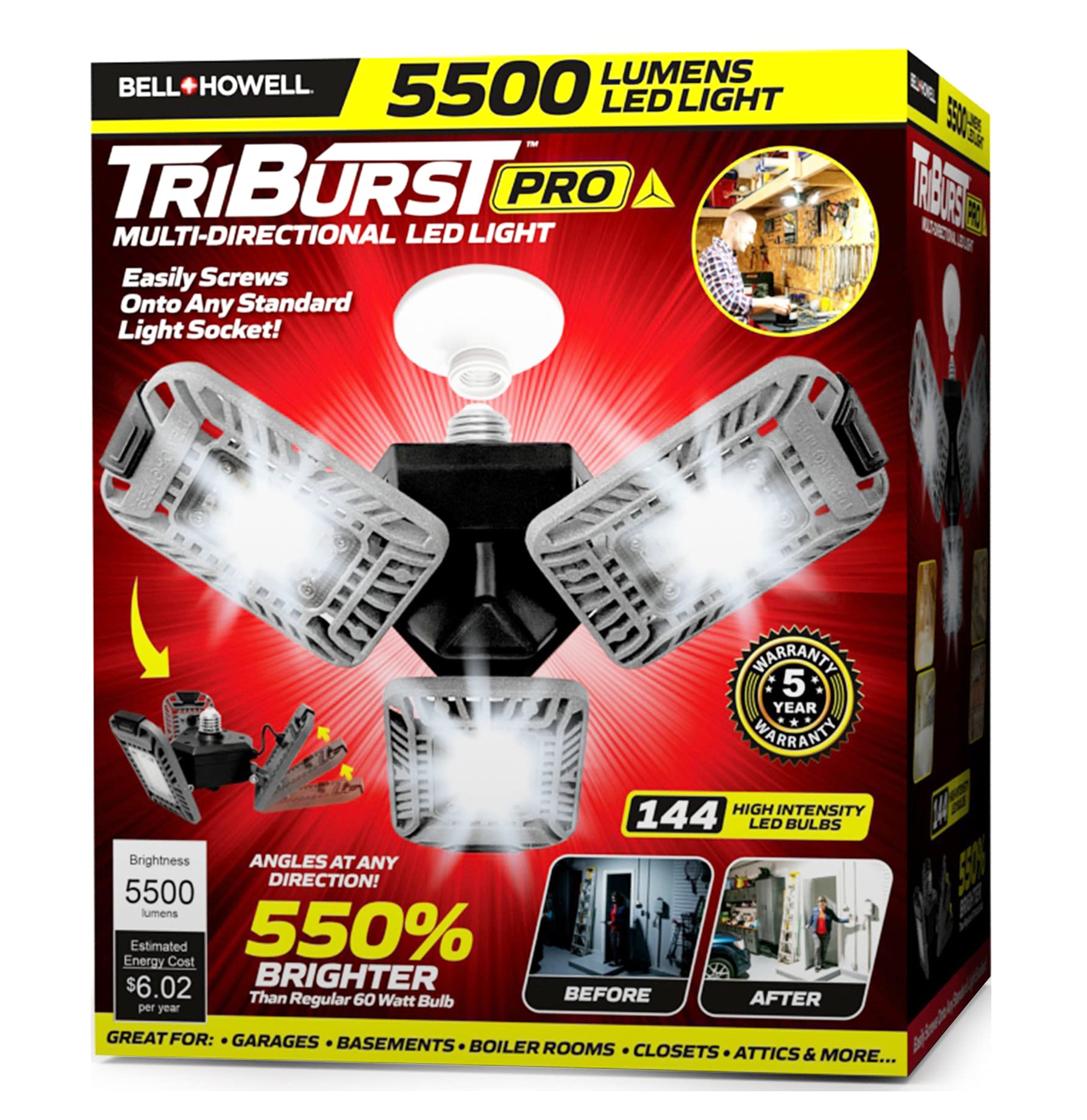 Triburst Deluxe by Bell+Howell: Ultra Bright 5500 Lumens Indoor Lighting with 144 LEDs for Bedroom, Garage, and Ceiling